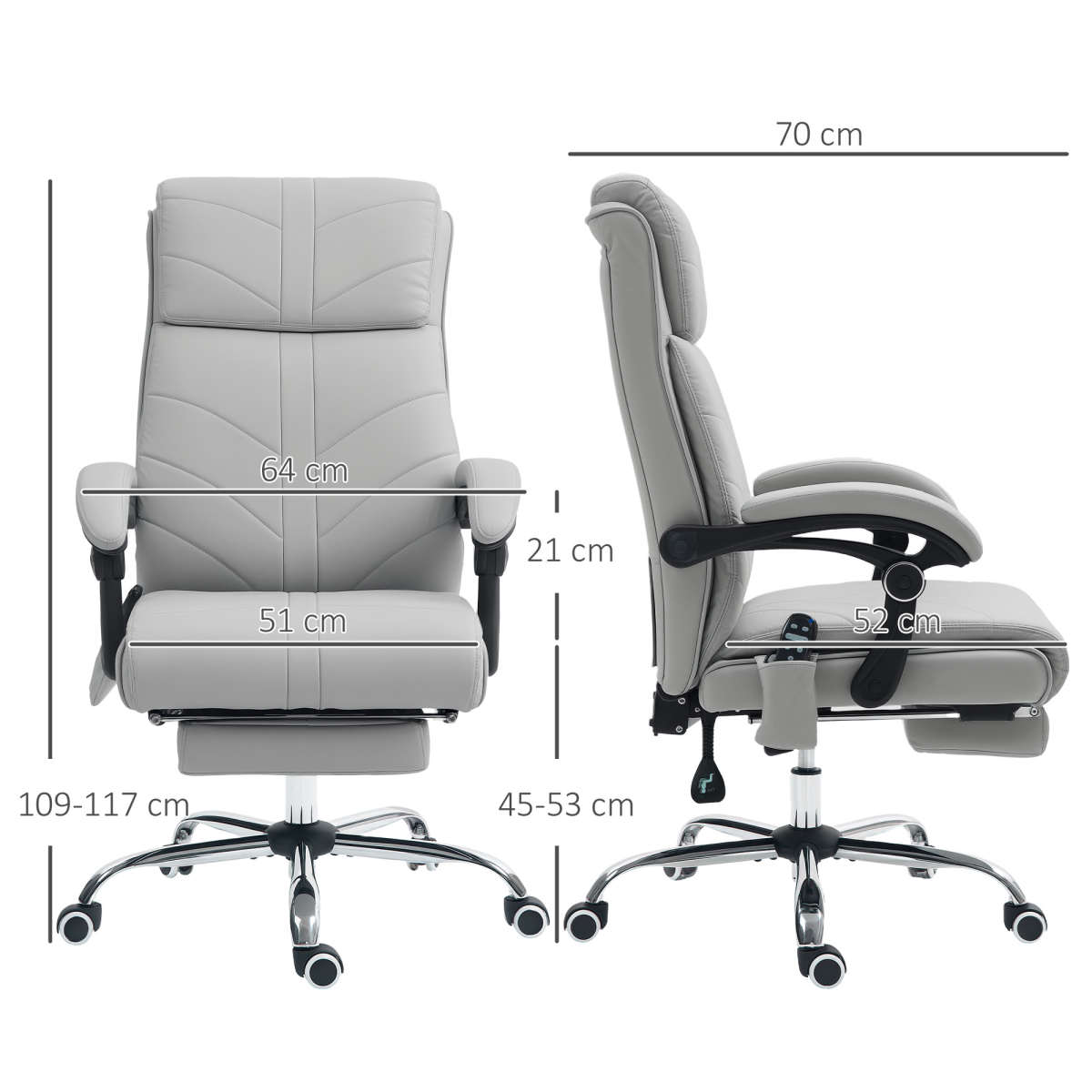 Vinsetto Heated Massage Office Chair with 4-Point Vibration, Footrest & Remote – Light Grey PU Leather