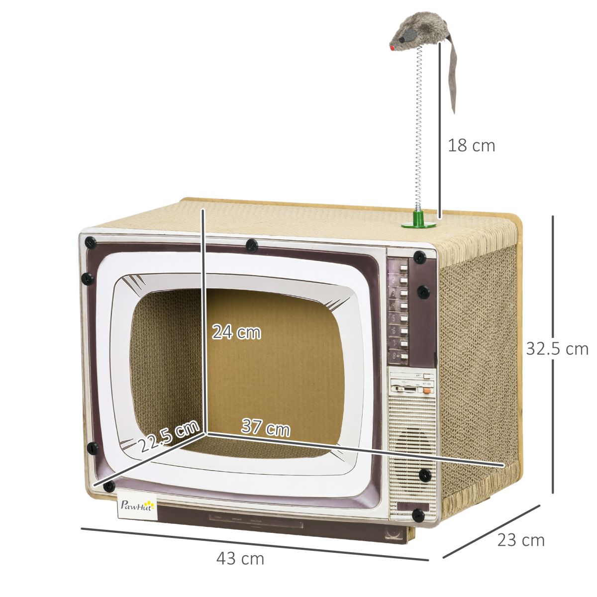 PawHut TV-Shaped Cardboard Cat House with Scratcher, Catnip and Toy Rat – 2-in-1 Cat Scratching Board