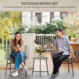 Outsunny 3-Piece Rattan Bistro Set with Cushions & Tempered Glass Table – Balcony Patio Furniture, Light Grey
