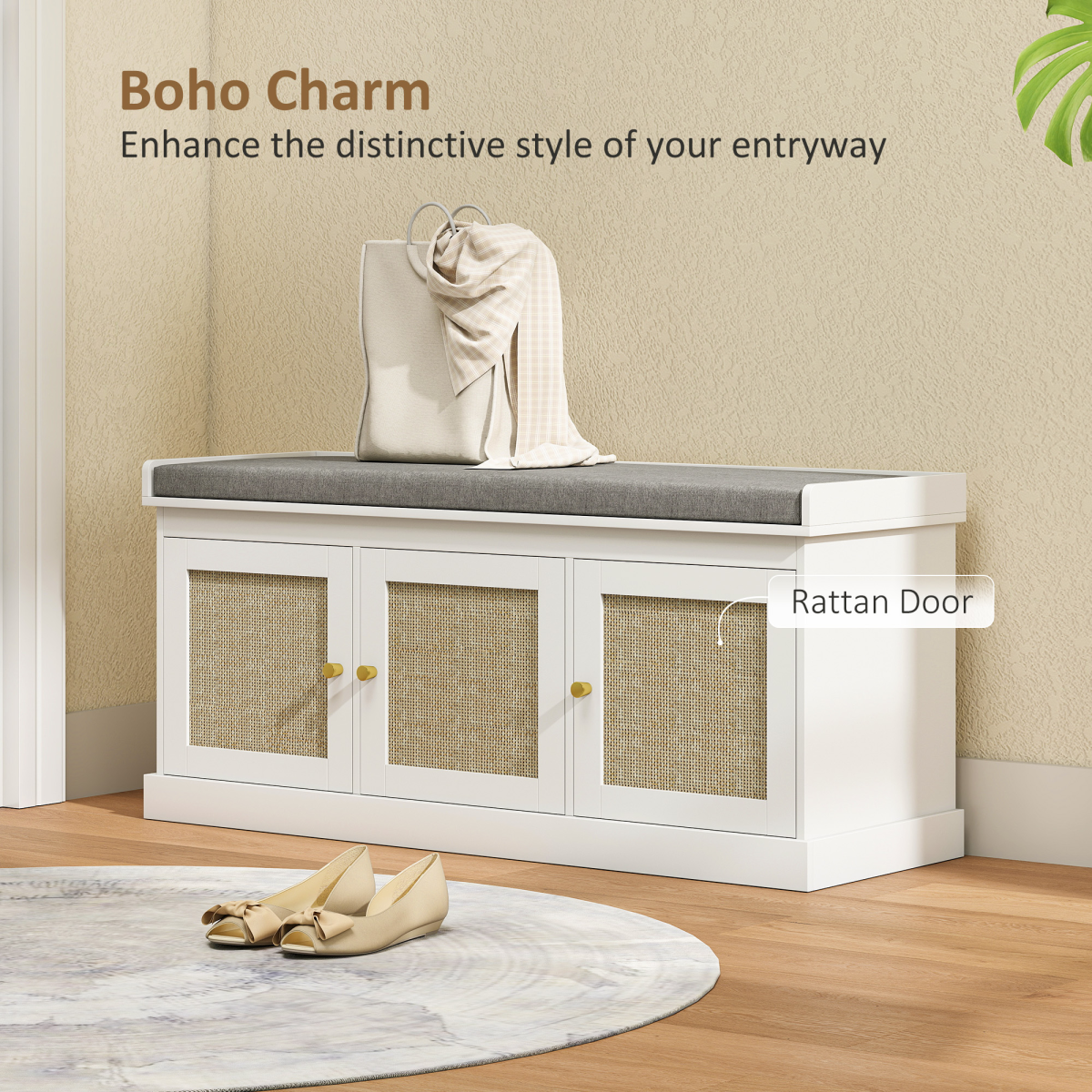 HOMCOM Shoe Storage Bench with Rattan Doors and Seat Cushion – Boho Entryway Shoe Cabinet Bench, White and Grey