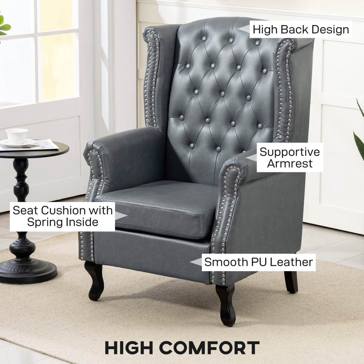 HOMCOM Chesterfield-Style Wingback Armchair with Tufted Faux Leather Upholstery & Eucalyptus Wood Frame – Grey