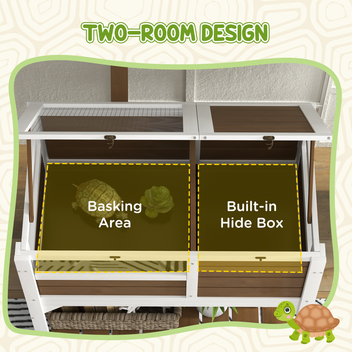 PawHut Wooden Tortoise House with Run, Hide Box, Basking Area, Shelf & Lamp Holder – Reptile Habitat, Brown
