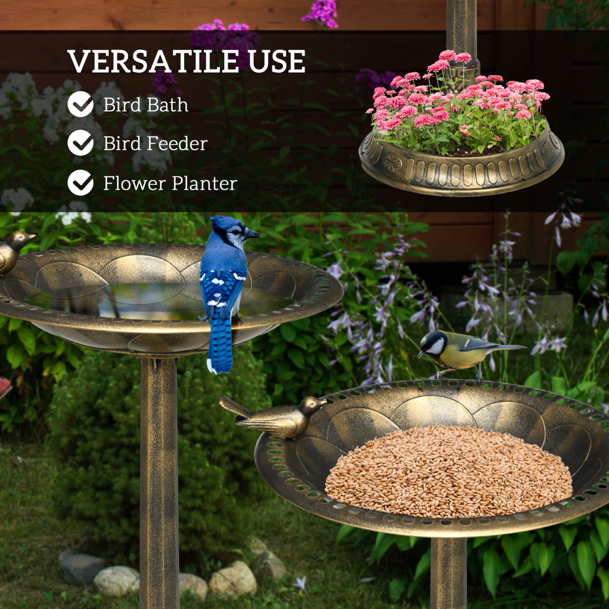 Outsunny 72cm Bronze Bird Bath & Feeder with Bird Statue and Two Basins – Garden Water Feature with Stakes