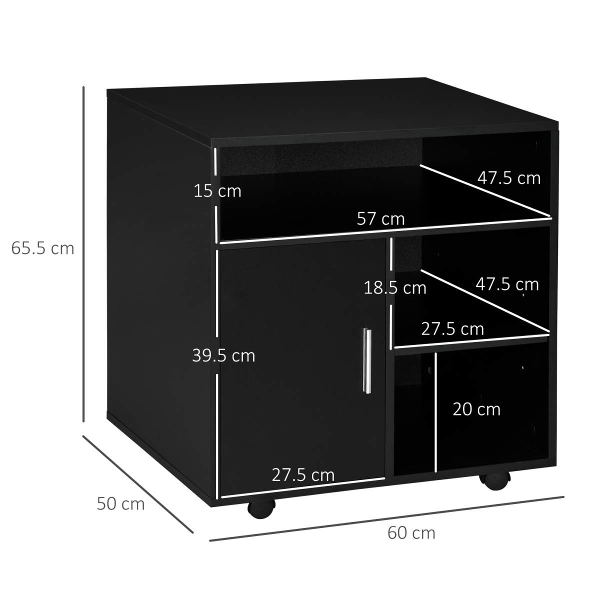 HOMCOM Multi-Storage Printer Unit with 5 Compartments and Lockable Wheels – Mobile Office Organiser, Black