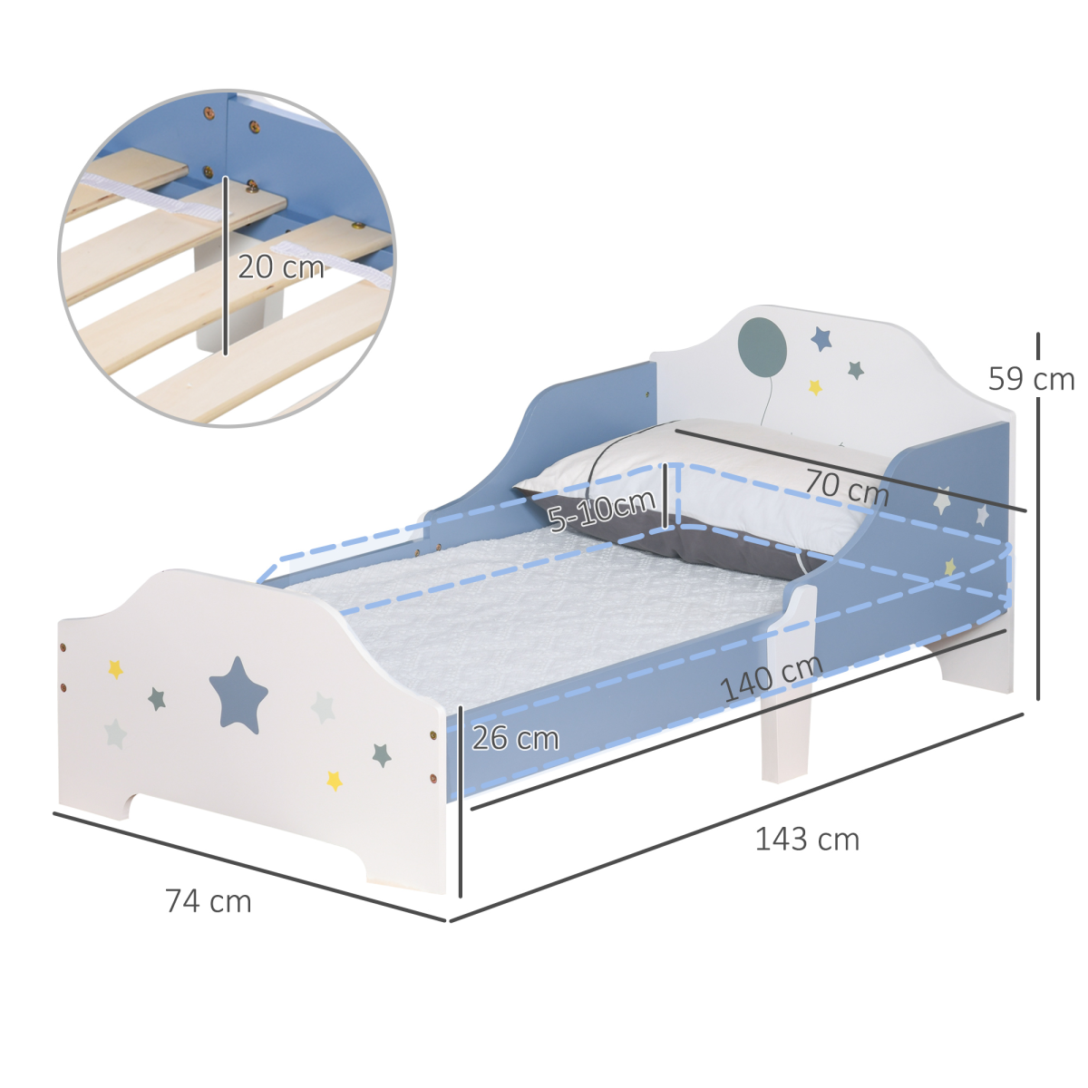 HOMCOM Kids Star & Balloon Toddler Bed with Guardrails & Slats – Blue and White, Ages 3-6