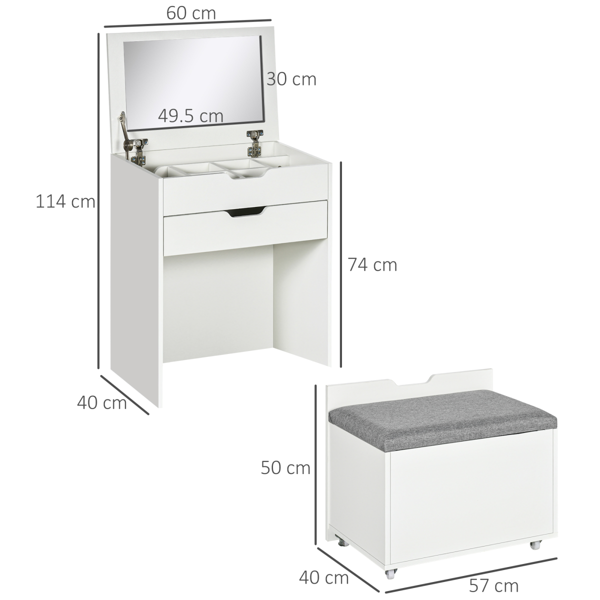 White Dressing Table Set with Flip-Up Mirror, Matching Stool & Storage Compartments – Doubles as a Desk