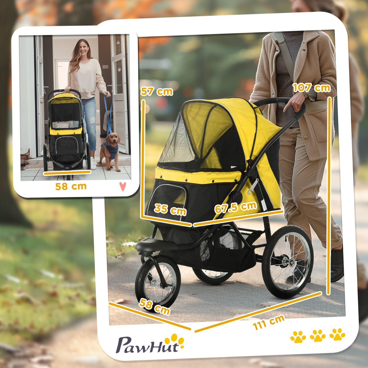 PawHut 3-Wheel Foldable Pet Stroller with Adjustable Canopy – For Small and Medium Dogs and Cats, Yellow