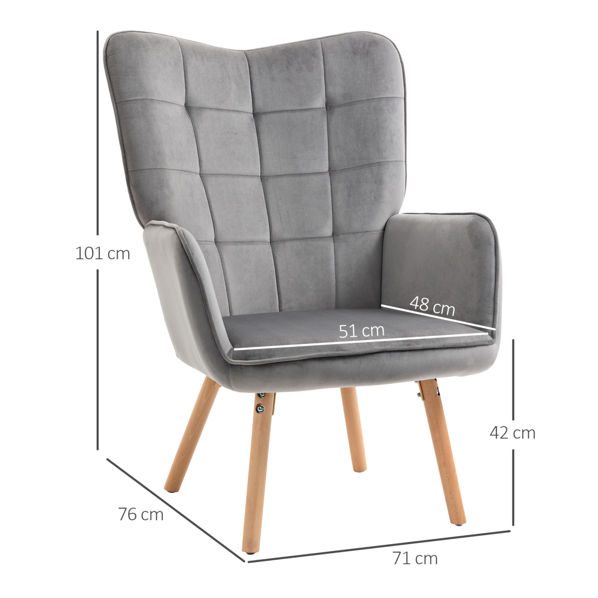 HOMCOM Velvet-Touch Tufted Wingback Accent Armchair with Wooden Legs – Living Room and Bedroom Chair, Grey