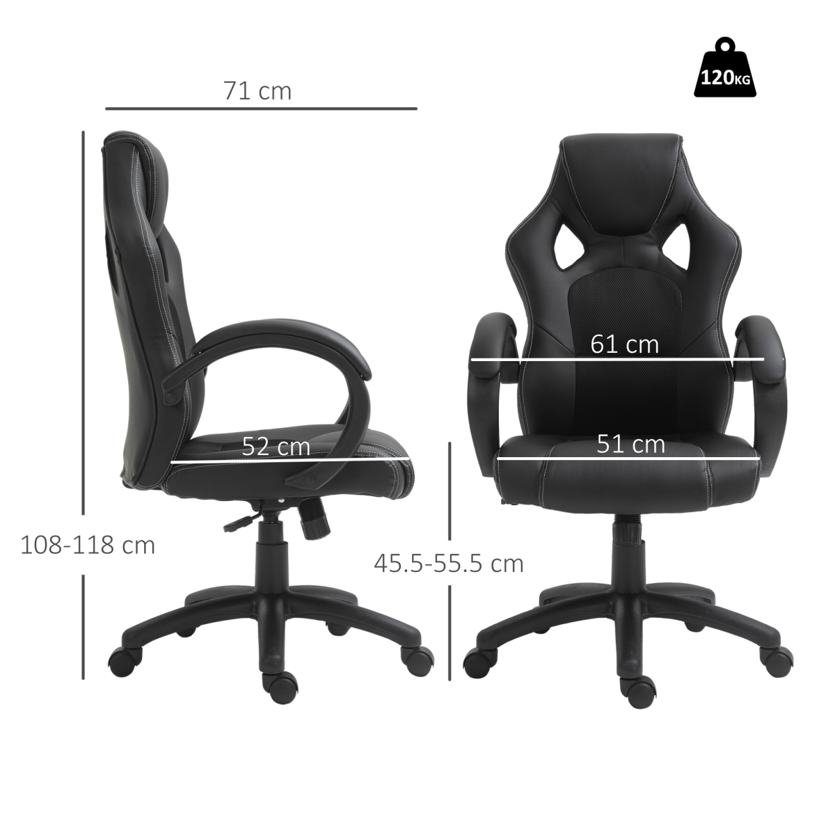 Vinsetto Executive Racing Gaming Chair with Adjustable Height and 360° Swivel – PU Leather Desk Chair, Black