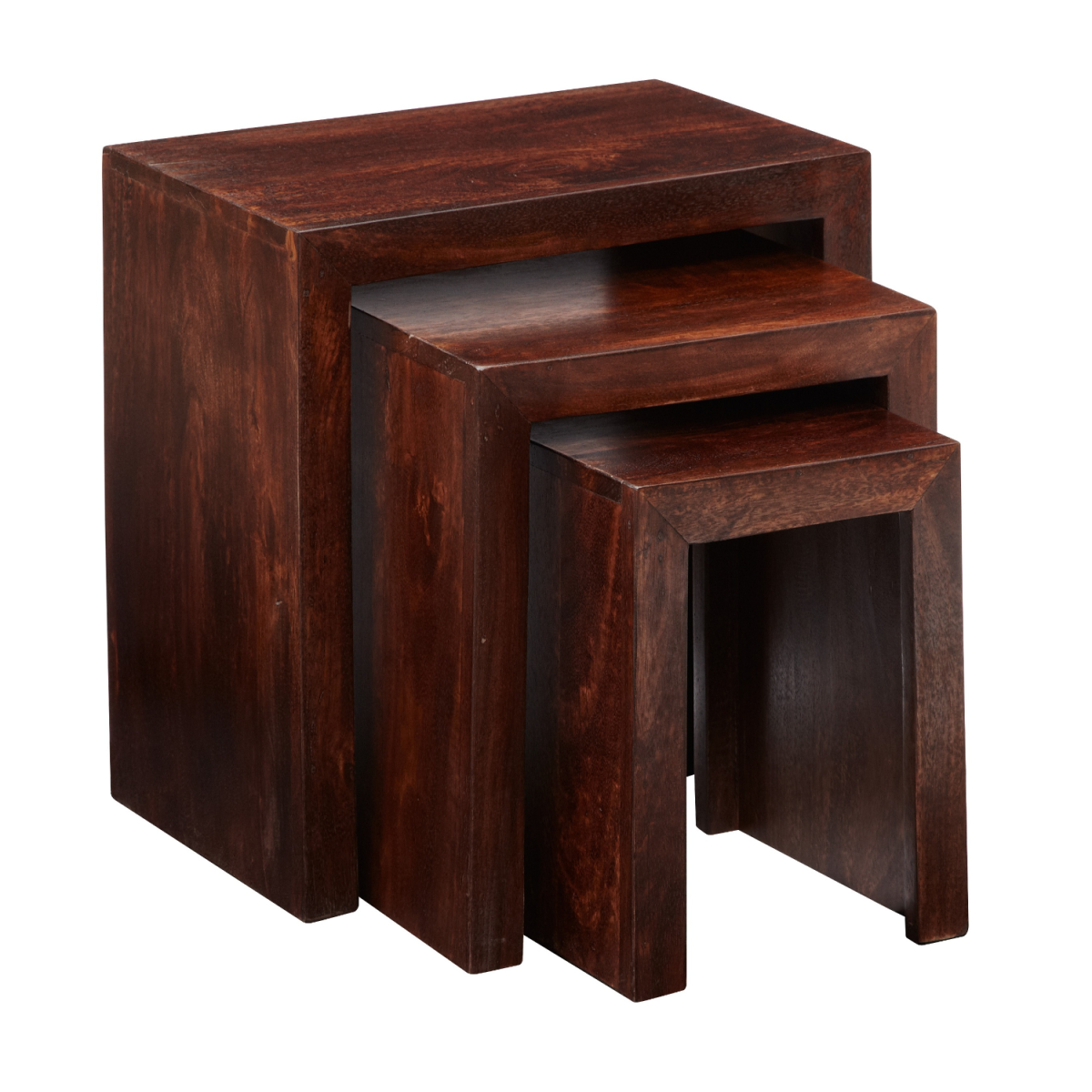 Indian Hub Toko Dark Mango Wood Nest of 3 Tables – Dark Walnut Stain with Matching Wooden Handles