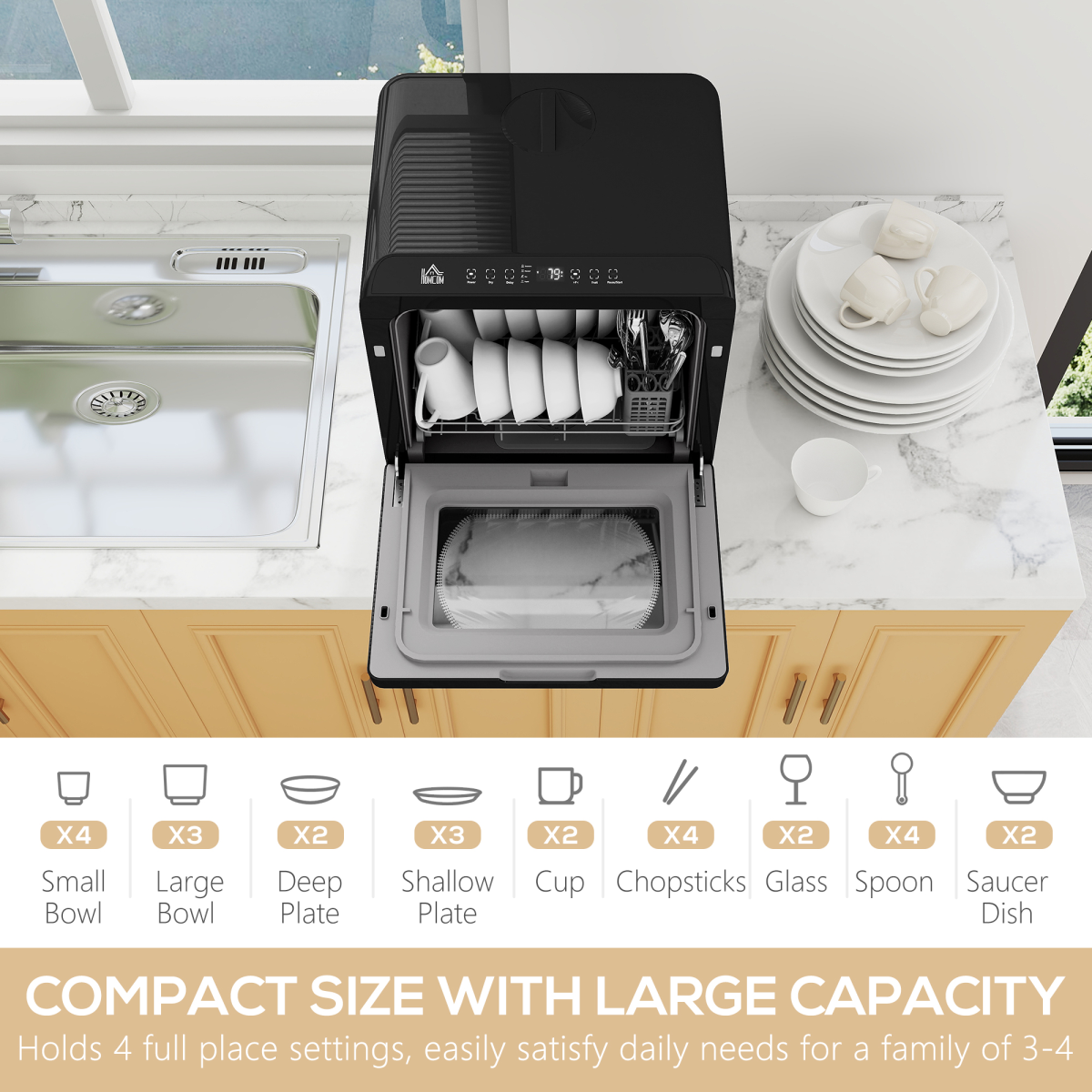 HOMCOM Compact Worktop Dishwasher with 4 Place Settings & 6 Programmes – Countertop Appliance, Black