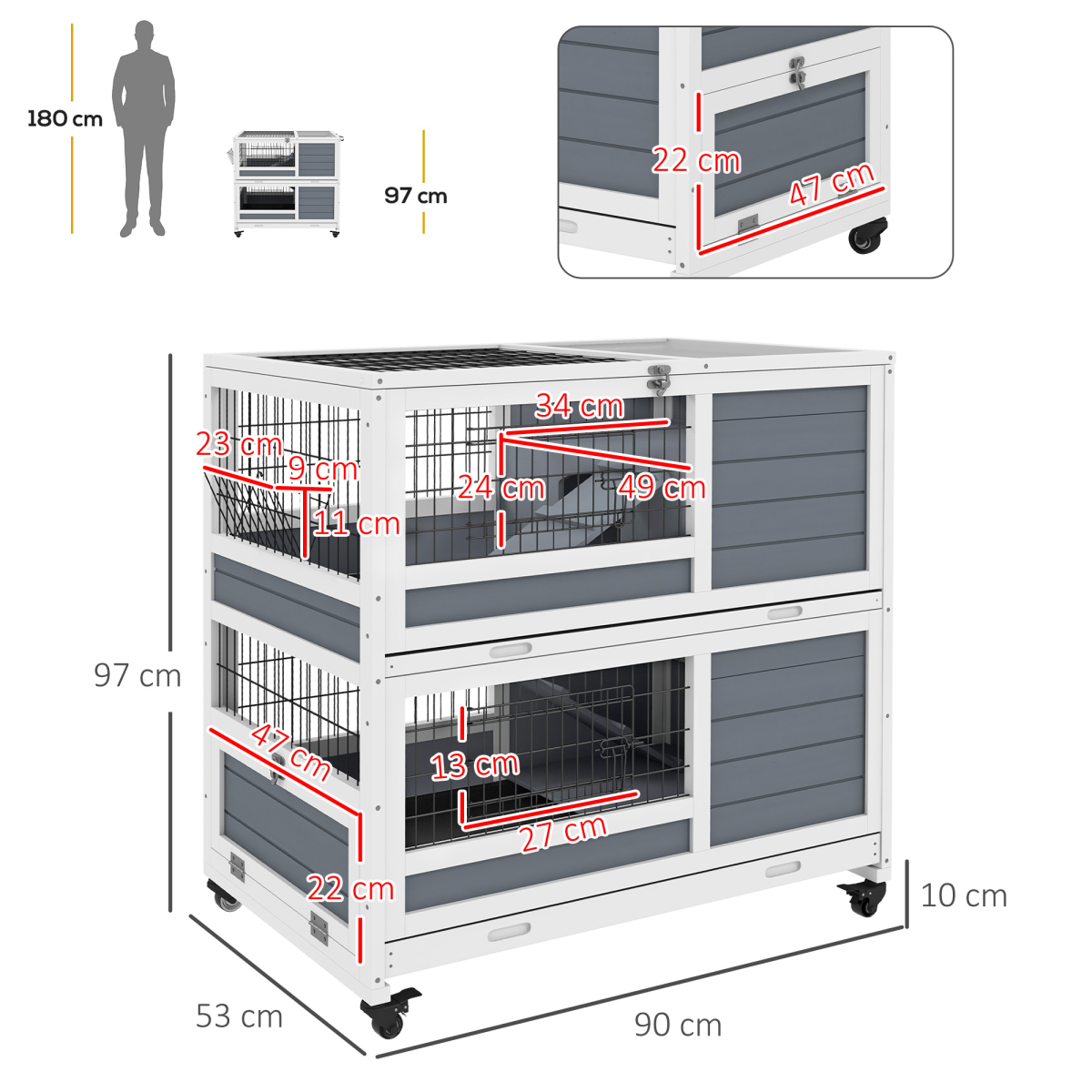 PawHut Two-Tier Indoor Rabbit Hutch with Feeding Trough, Slide-Out Trays and Wheels – White and Grey