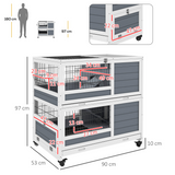 PawHut Two-Tier Indoor Rabbit Hutch with Feeding Trough, Slide-Out Trays and Wheels – White and Grey