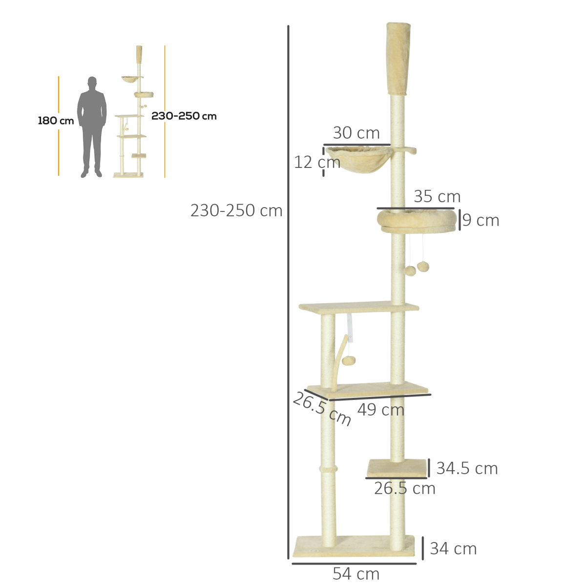 PawHut 6-Tier Floor-to-Ceiling Cat Tree with Scratching Post, Bed & Hammock – Adjustable Cat Tower, Beige