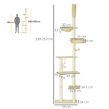 PawHut 6-Tier Floor-to-Ceiling Cat Tree with Scratching Post, Bed & Hammock – Adjustable Cat Tower, Beige