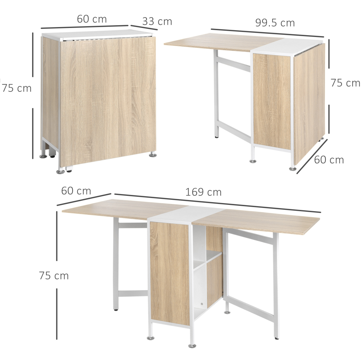 Folding Drop-Leaf Desk with Storage Shelves – Oak & White Space-Saving Desk, Dining or Console Table