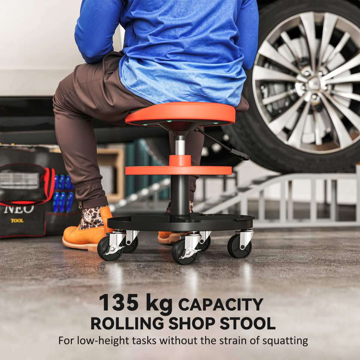 HOMCOM Rolling Mechanic Stool with Height Adjustment & Tool Trays, 135kg Capacity – Garage Workshop Seat, Yellow