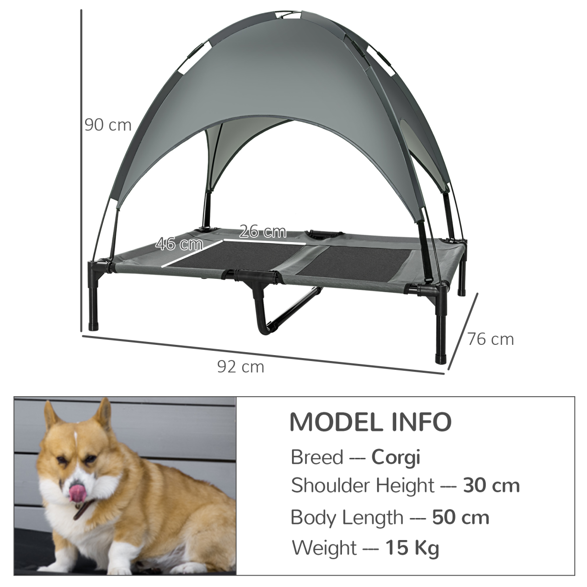 Pawhut 92cm Elevated Dog Bed with Removable UV Protection Canopy – Cooling Raised Pet Cot with Travel Bag, Grey