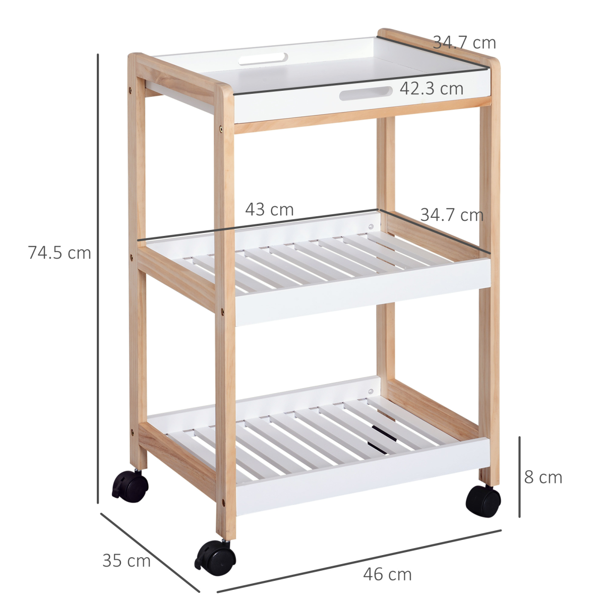 HOMCOM 3-Tier Bamboo Kitchen Serving Trolley on Wheels – Mobile Storage with Push Handle