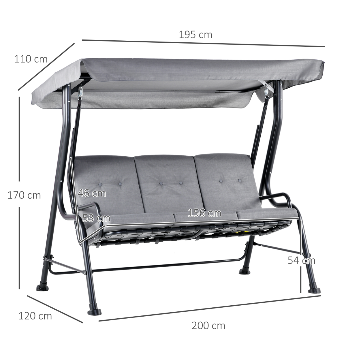 Outsunny 3 Seater Garden Swing Chair with Thick Padded Seat & Canopy – Bench Bed, Grey