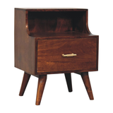 Artisan Furniture Solid Wood T-Bar Raised Back Bedside Table with 1 Drawer & Open Slot – Dark Brown