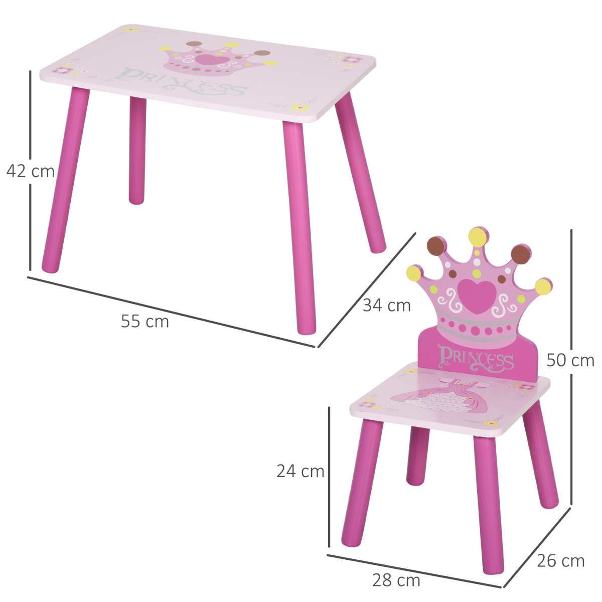 HOMCOM 3-Piece Kids Princess Table and Chair Set with Crown Backs – Pink Play Furniture for Ages 2-4