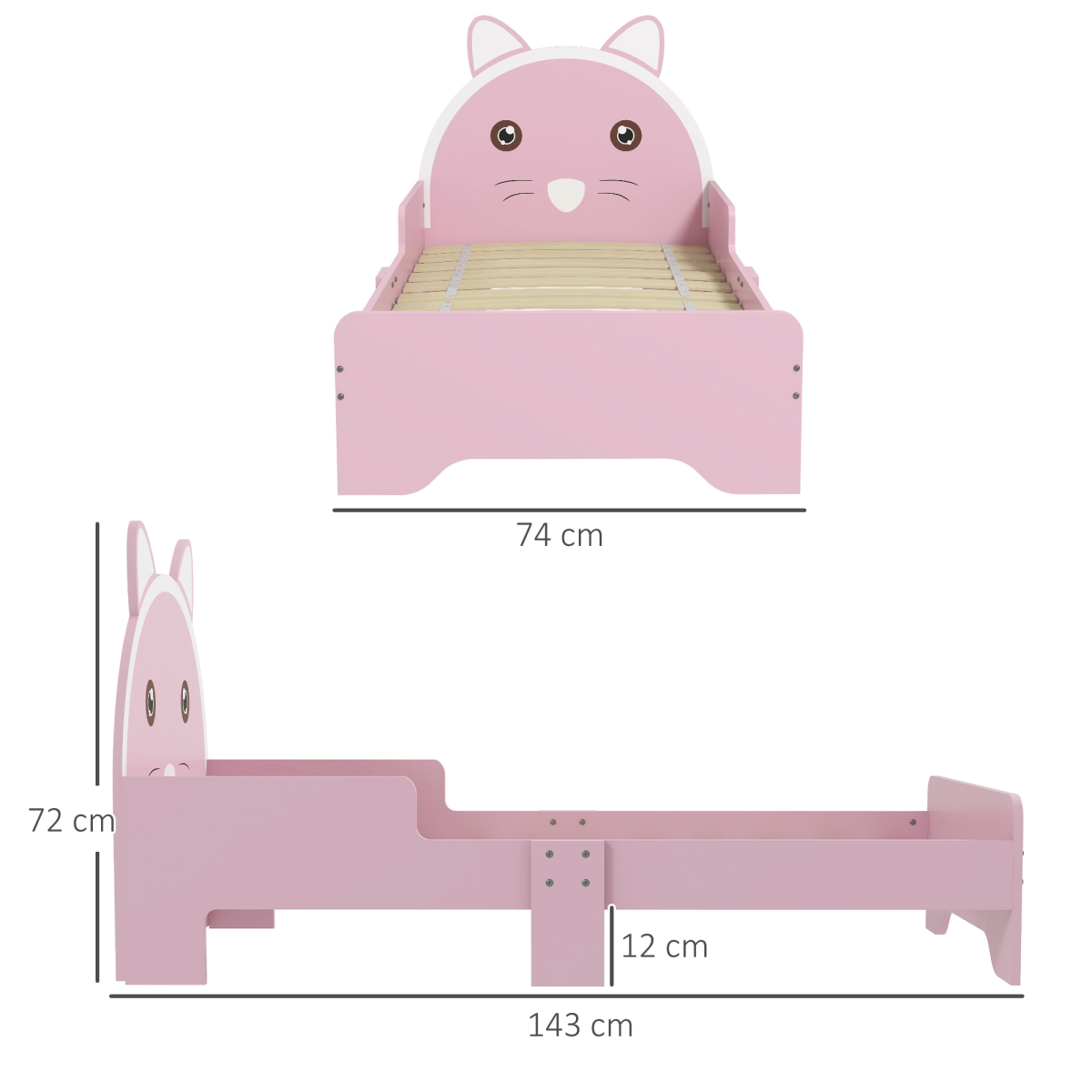 ZONEKIZ Toddler Bed Frame with Cat Design and Guardrails – Low Kids Bed for Ages 3–6, Pink