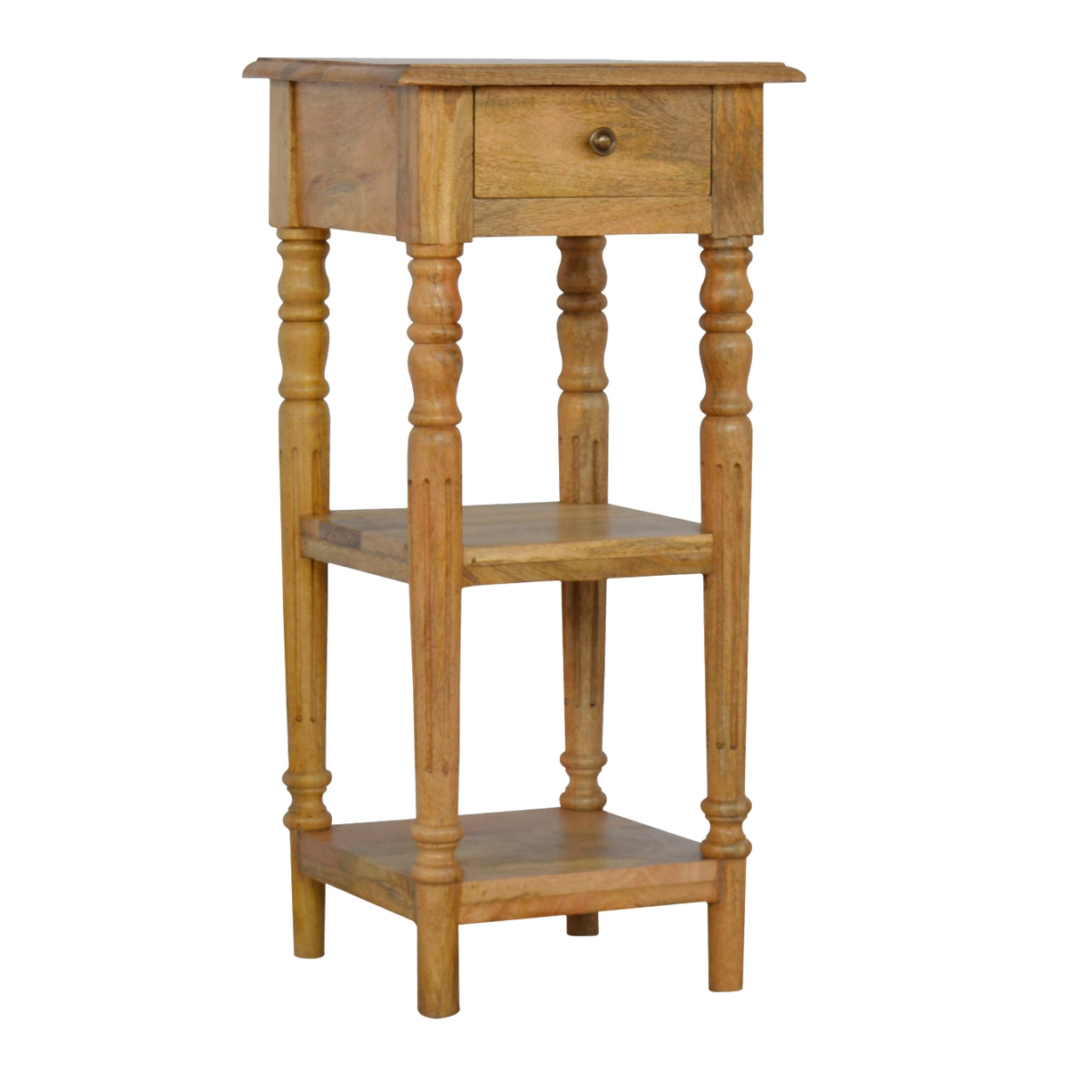 Artisan Furniture Solid Mango Wood Telephone Table, 1 Drawer & 2 Shelves – Hallway Storage, Oak-Effect Beige