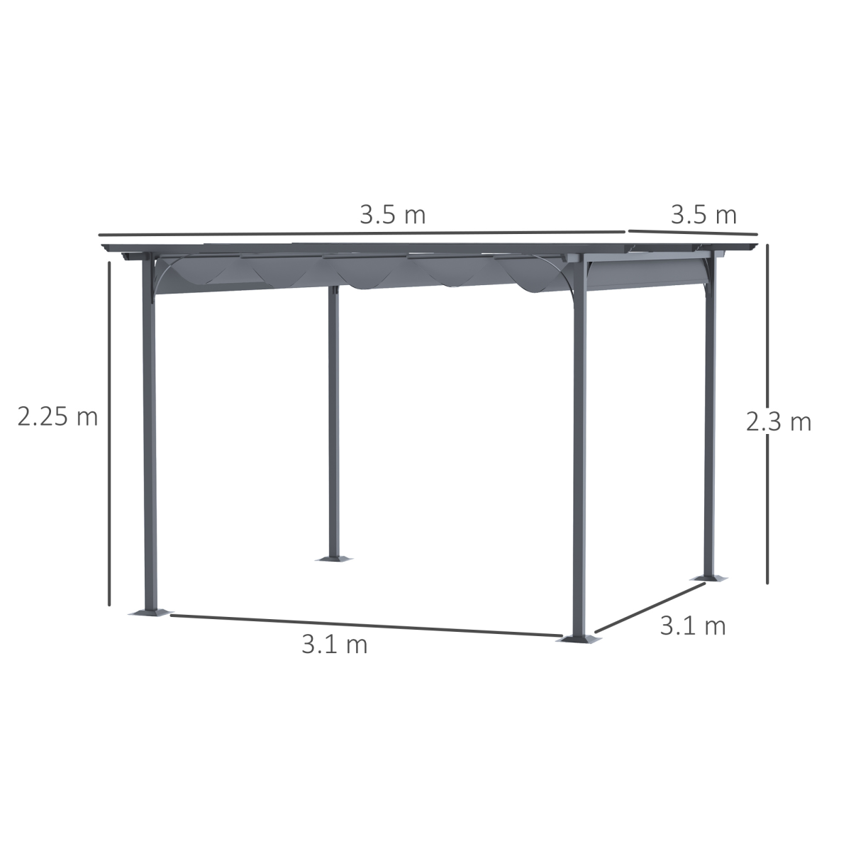 Outsunny 3.5x3.5m Retractable Metal Pergola Gazebo with Anti-UV Canopy & Steel Frame – Garden Patio Shade, Grey