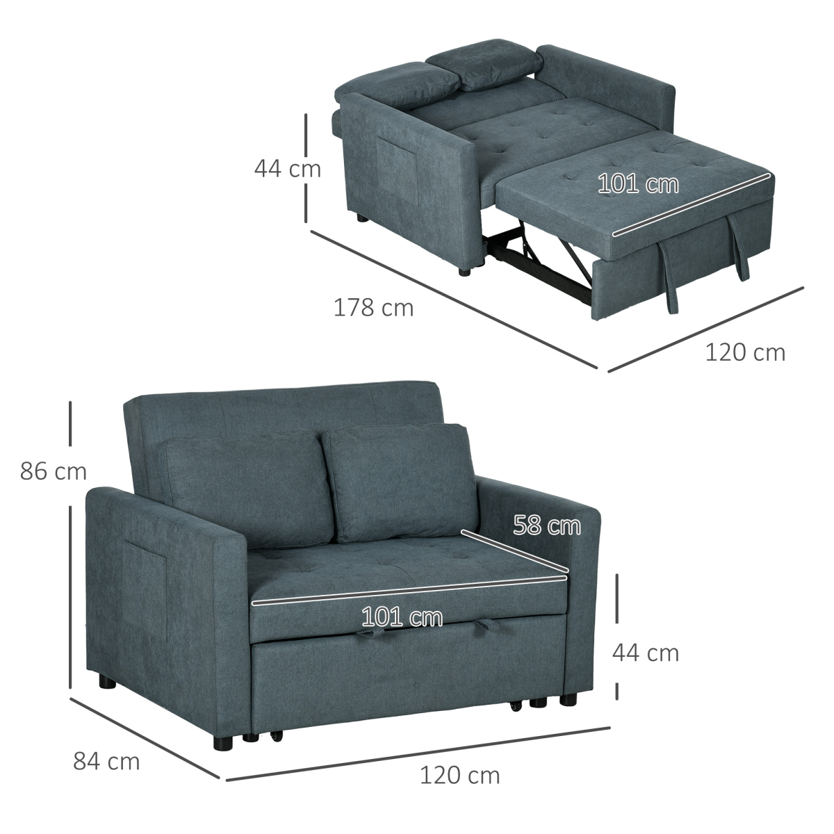 HOMCOM Click-Clack 2 Seater Sofa Bed with Cushions & Side Pockets – Space-Saving Guest Settee, Grey