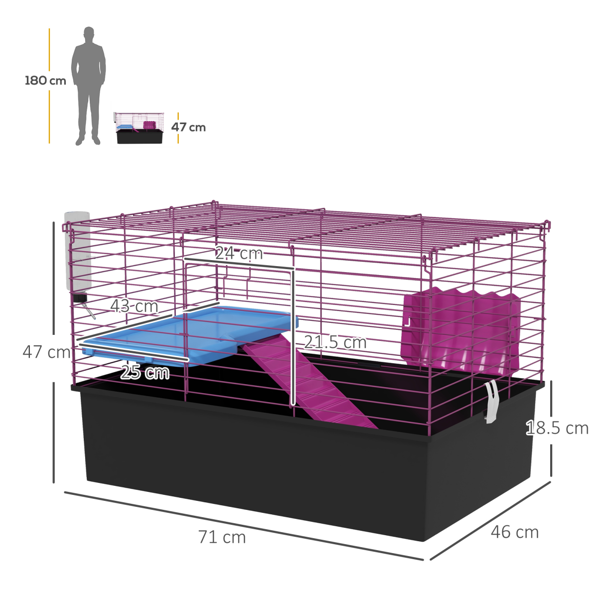 PawHut Small Animal Cage, Rabbit and Guinea Pig Hutch with Platform, Ramp and Hay Feeder – Black
