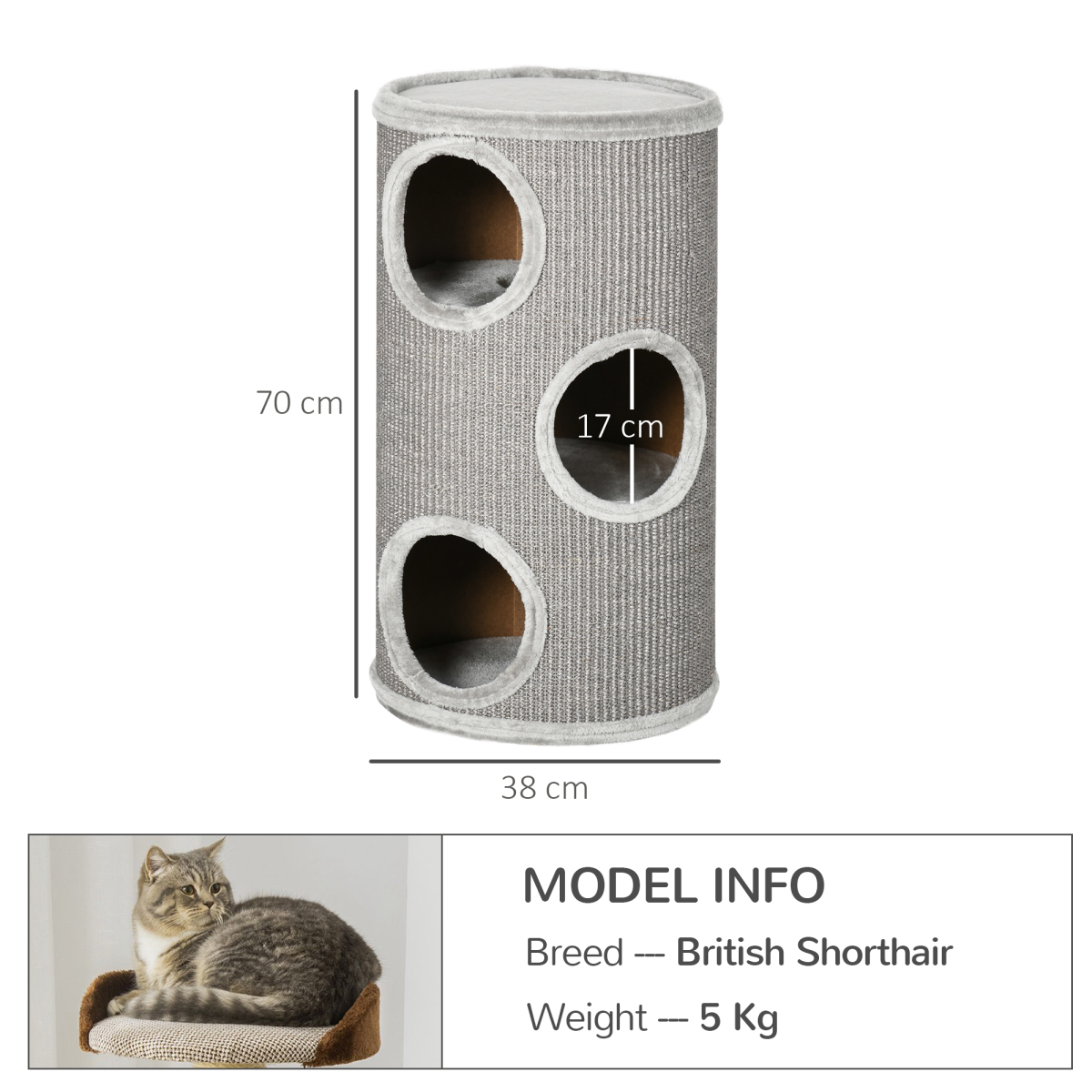 PawHut Cat Barrel Tree Tower for Indoor Cats and Kittens with Sisal Cover and Cosy Platform – Light Grey