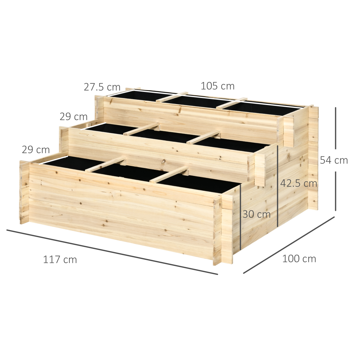 Outsunny 3-Tier Raised Garden Flower Bed with 9 Grow Grids and Non-Woven Fabric Liner – Fir Wood