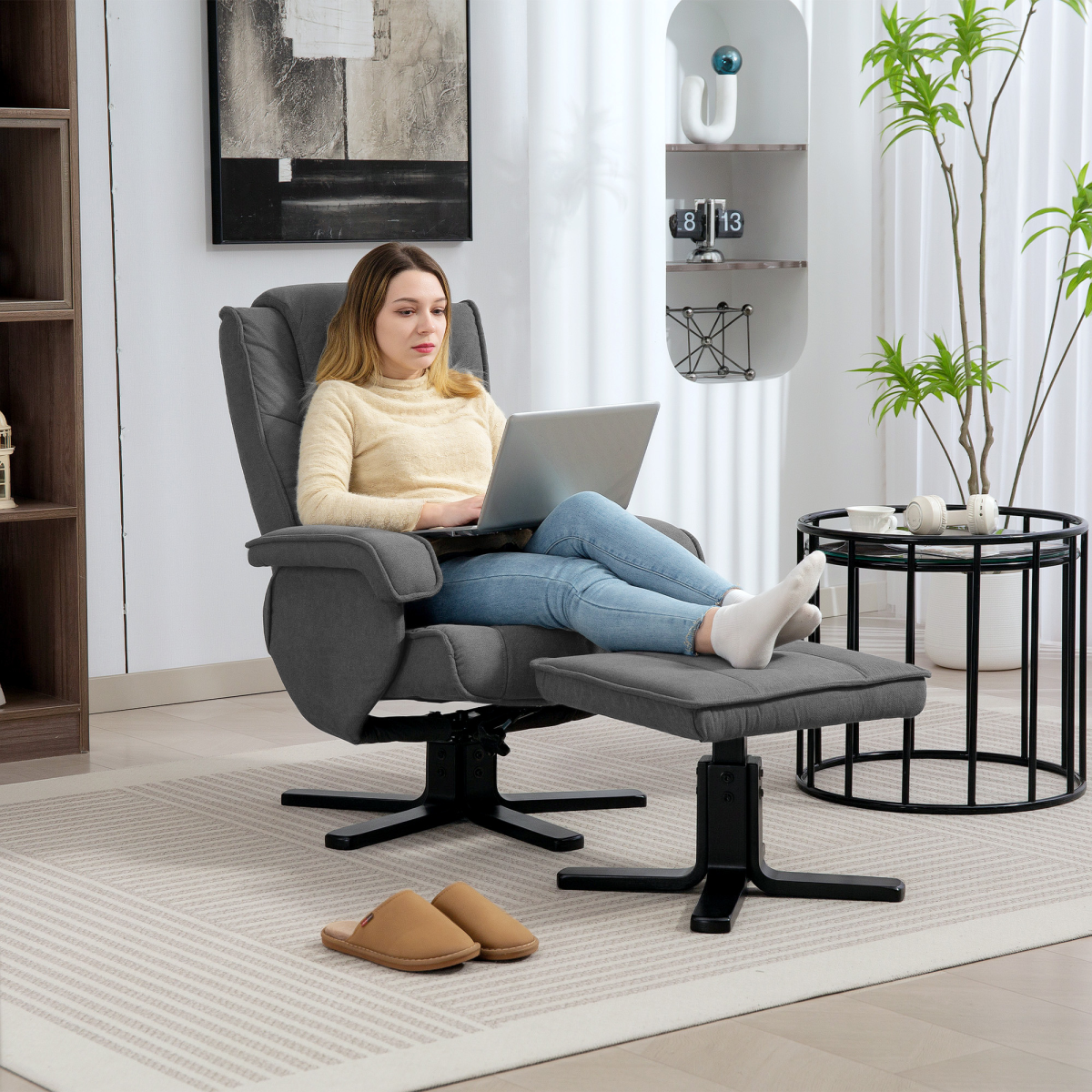 Swivel Recliner Chair with Footstool, 135° Manual Recline & Velvet-Feel Fabric – Armchair, Charcoal Grey