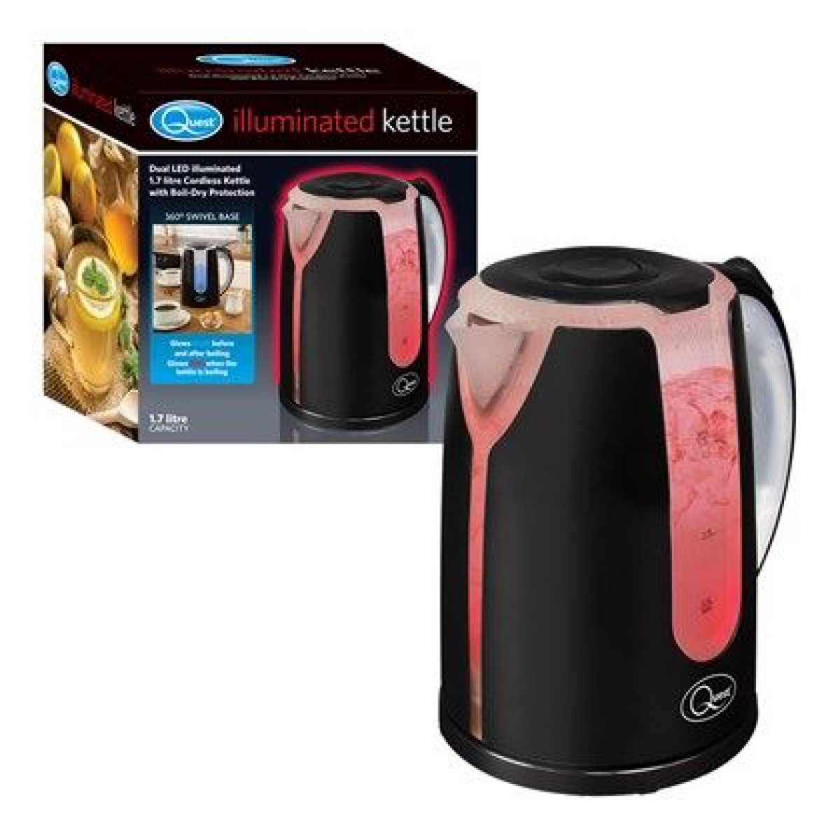 Quest Dual LED Illuminated Kettle, 1.7L 2200W with 360° Swivel Base & Boil Dry Protection – Black