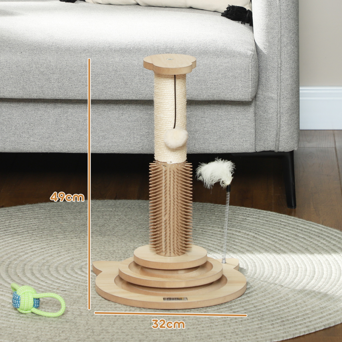 PawHut 49cm 5-in-1 Cat Scratching Post with Interactive Track Ball Turntable – Indoor Cat Tower, Oak & Cream White