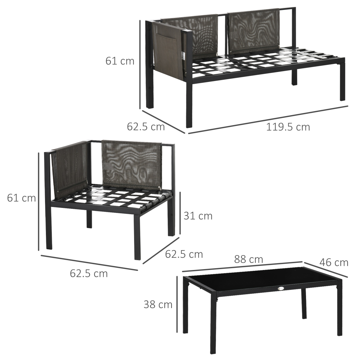 Outsunny 4-Piece Garden Furniture Set with Two Loveseats, Corner Seat & Glass-Top Table – Steel Frame, Light Grey