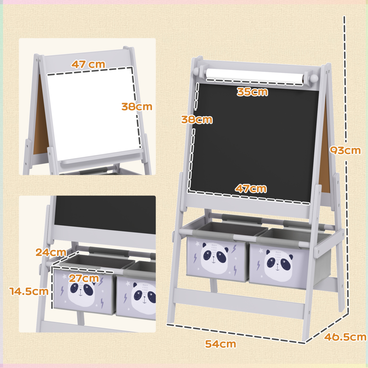 AIYAPLAY 3-in-1 Kids Easel with Paper Roll, Blackboard, Whiteboard and Storage Baskets – Grey