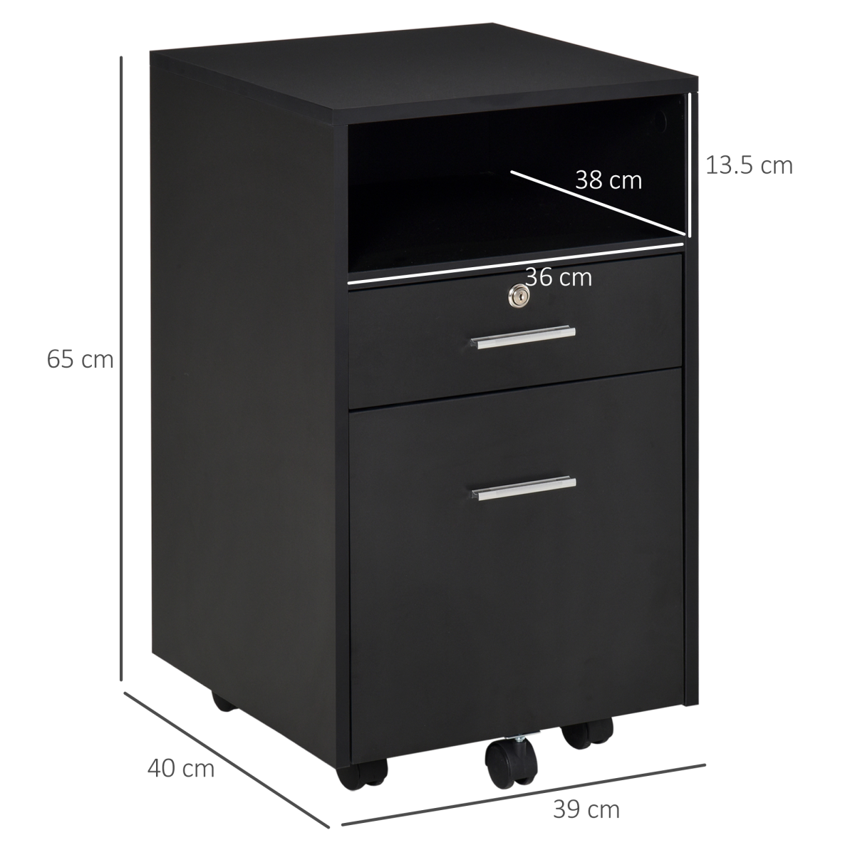 Vinsetto Mobile Lockable File Cabinet with Open Shelf & 5 Wheels – Home Office Storage, Black