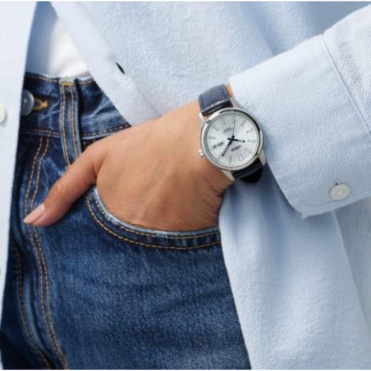 Lorus Automatic Day-Date Watch – Silver Sunray Dial, Blue Leather Strap