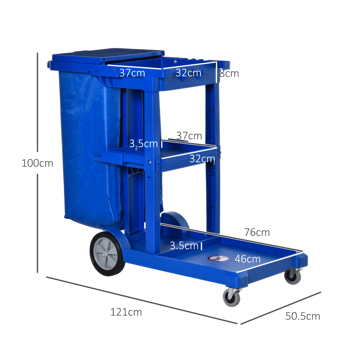 HOMCOM Housekeeping Cleaning Trolley with 3 Shelves, Lidded Bin Bag & Side Hooks – Blue