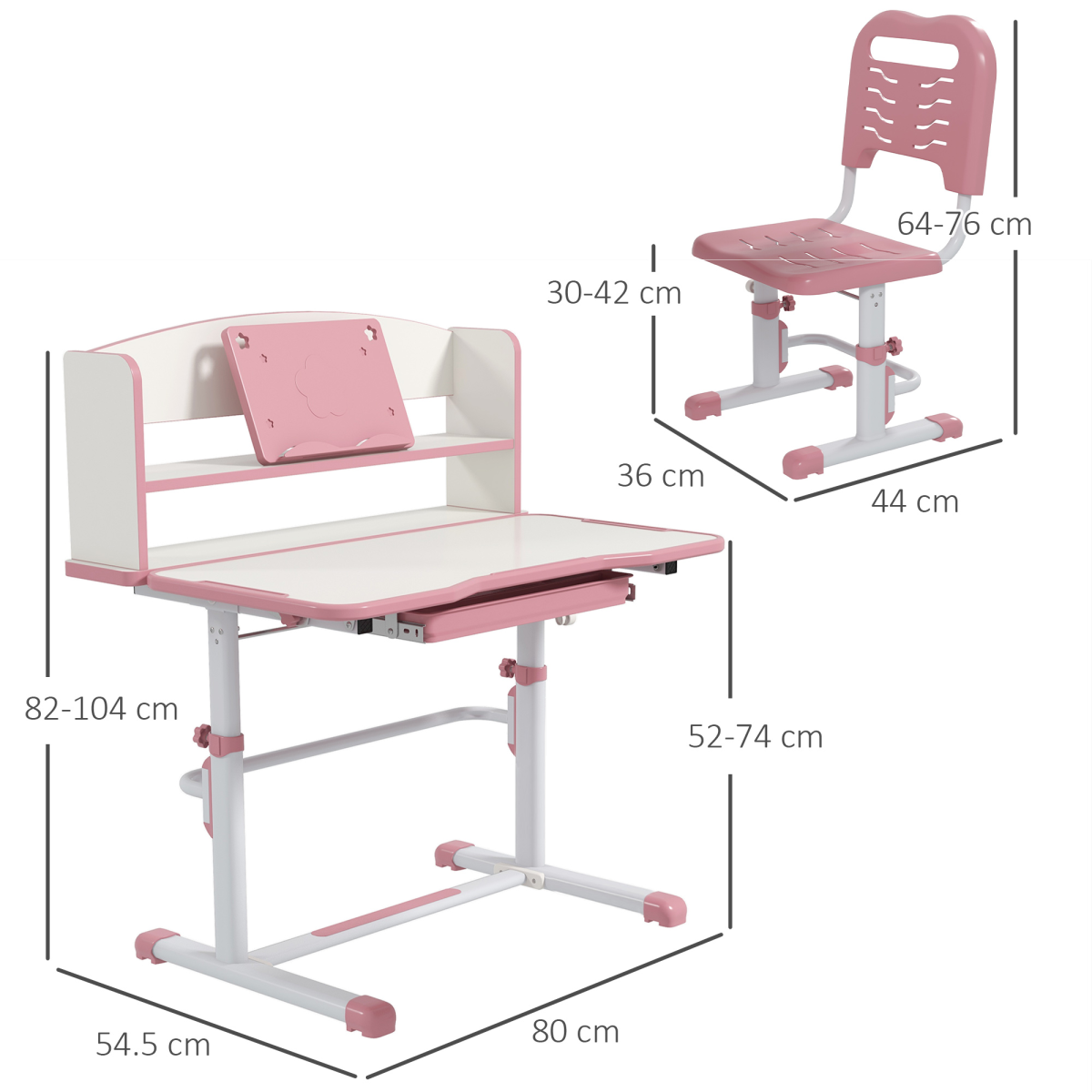 ZONEKIZ Height Adjustable Kids Desk and Chair Set with Drawer & Bookshelf – Tilting Study Desk, Pink