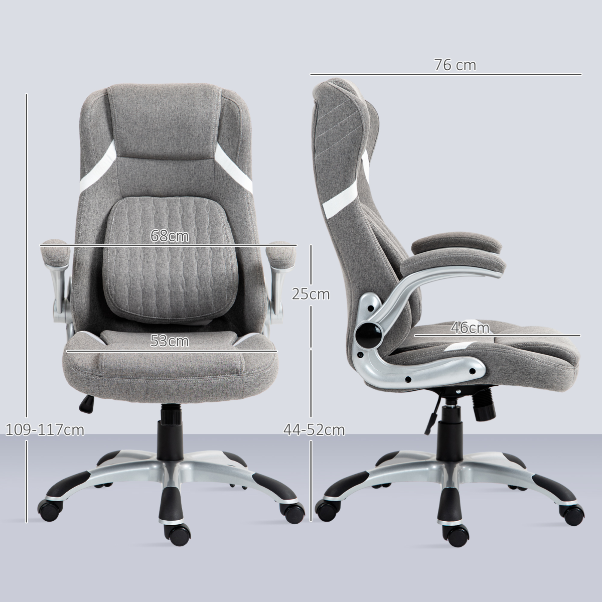 Vinsetto High Back Linen-Look Office Chair with Tilt, Lumbar Support & Flip-Up Arms – Grey