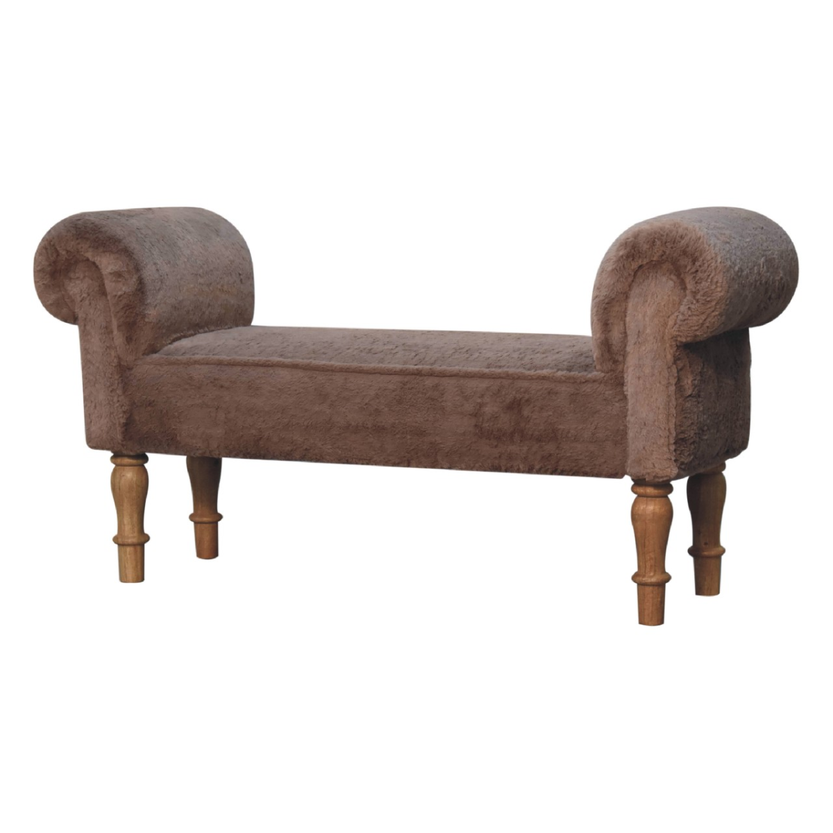Artisan Furniture Mocha Faux Fur Upholstered Bedroom Bench – Solid Mango Wood Turned Legs, Brown