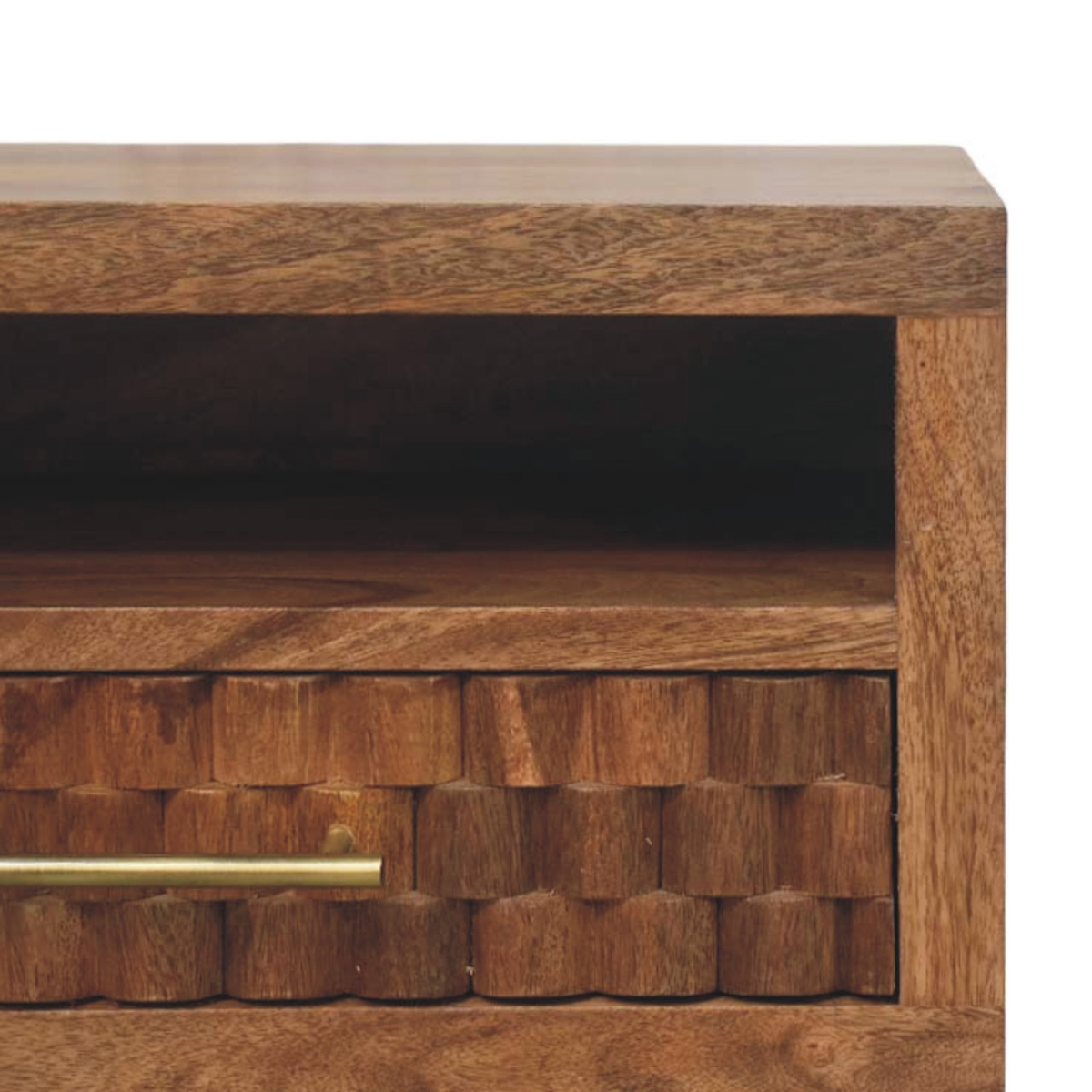 Artisan Furniture Solid Wood Arno Wall-Mounted Nightstand with Carved Drawer and Open Shelf – Golden Teak