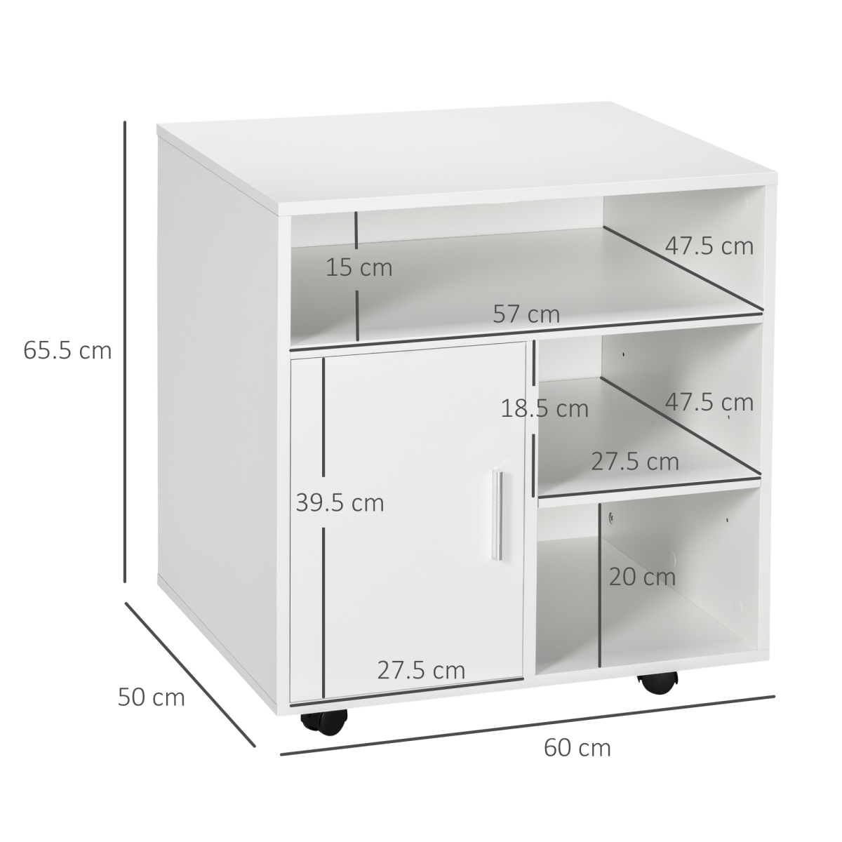 HOMCOM Multi-Storage Printer Unit with 5 Compartments and Lockable Wheels – Mobile Office Organiser, White