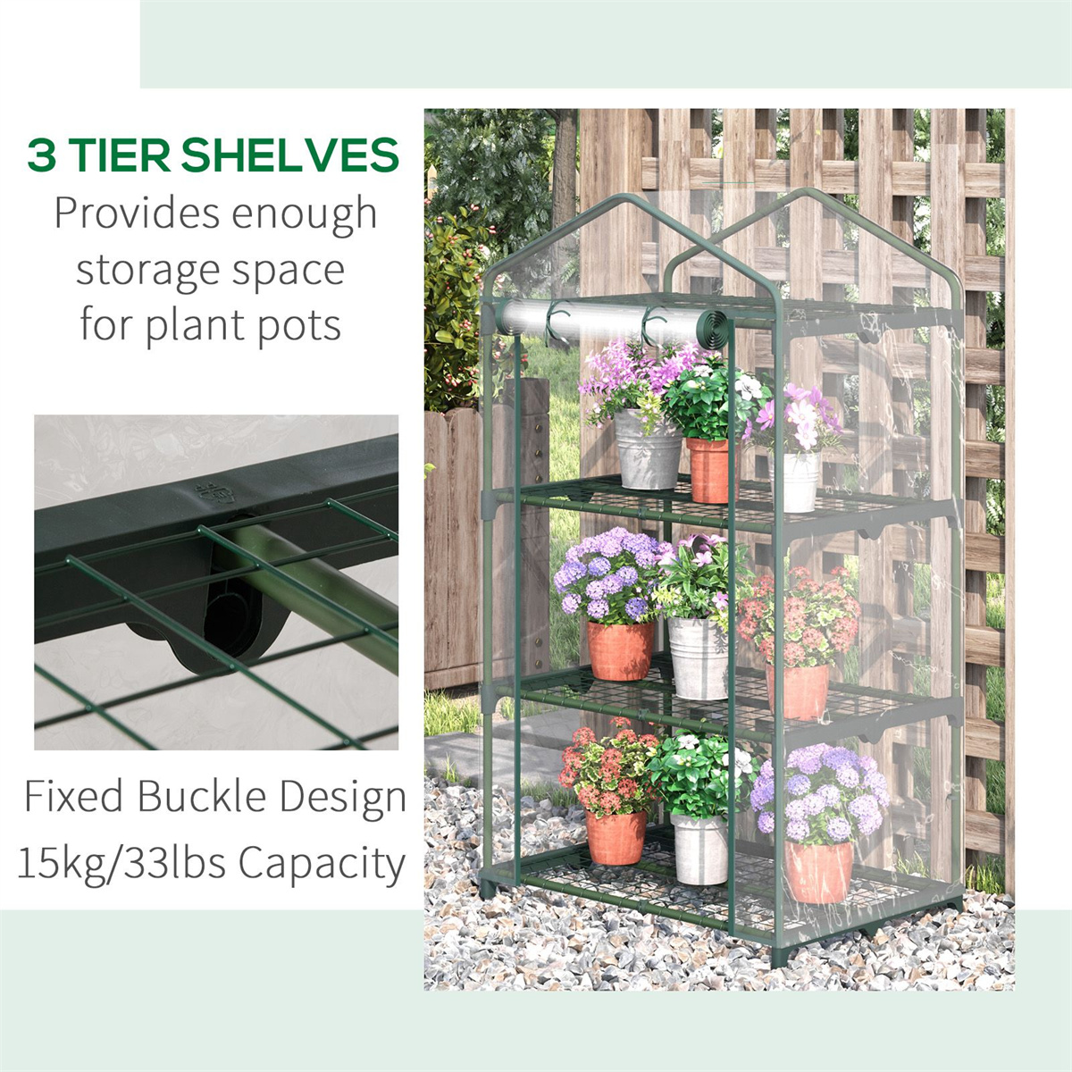 Mini Greenhouse with 3-Tier Shelves, Steel Frame & Roll-Up Zipped Door – Compact Plant Grow House, Dark Green