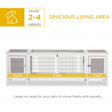 Indoor Wooden Rabbit Hutch with Run, Removable Divider & Slide-Out Tray – Small Animal Cage, White & Grey