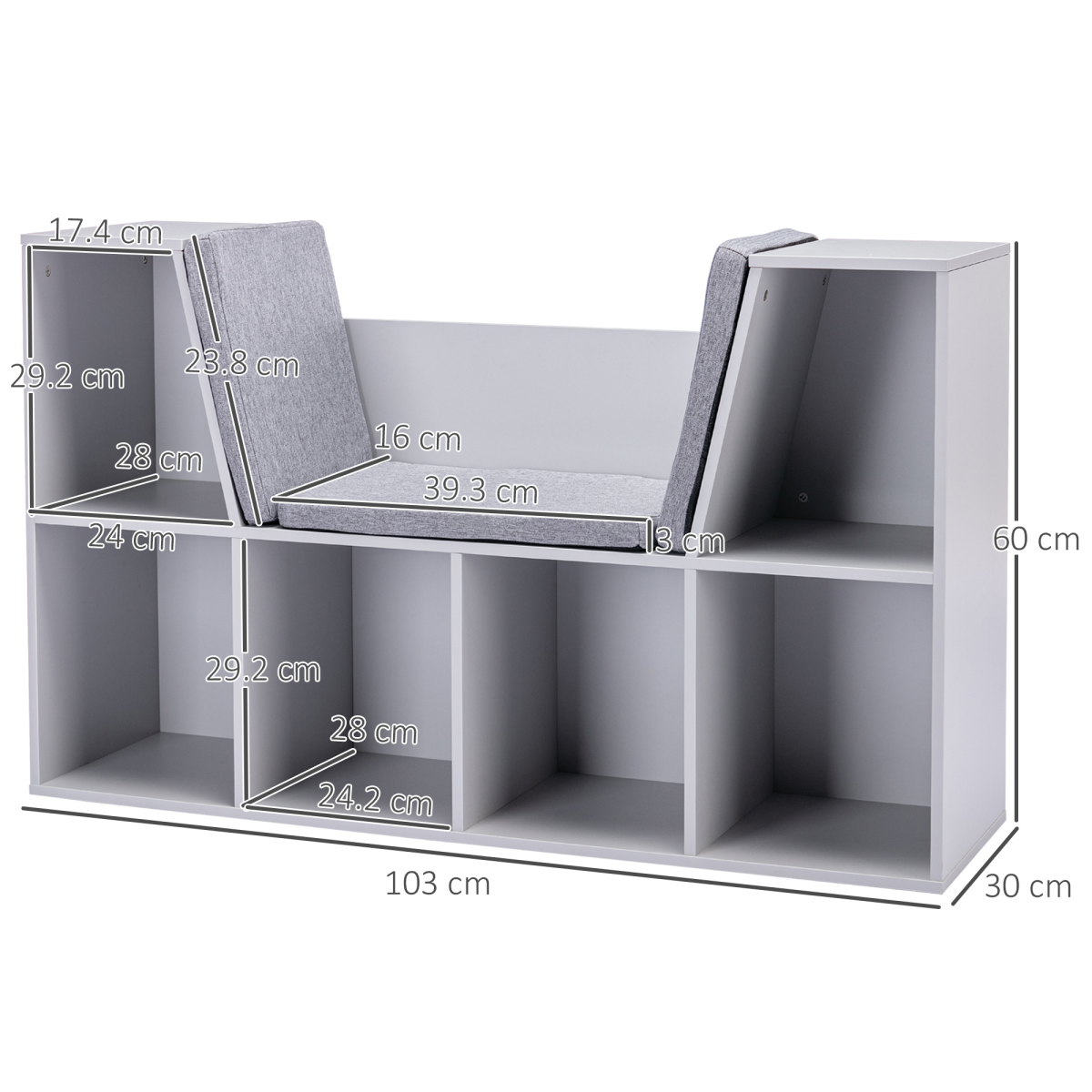 HOMCOM Kids Cabinet with Six Compartments and Cushioned Seat – Toy, Book & Clothes Storage, Grey