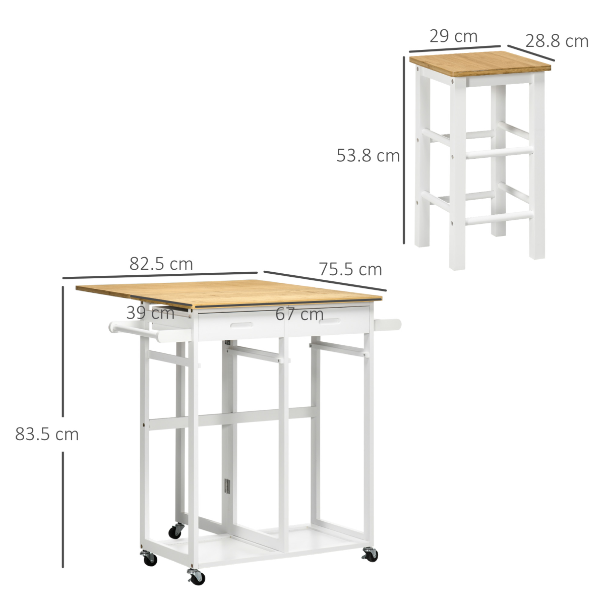 HOMCOM Bamboo Breakfast Cart Set with Drop Leaf Table & 2 Stools – Compact Kitchen Dining Set